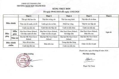 Thực đơn tuần 2 tháng 02 năm 2026 của trẻ