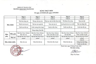 Thực đơn tuần 3 tháng 9 năm 2026 của trẻ
